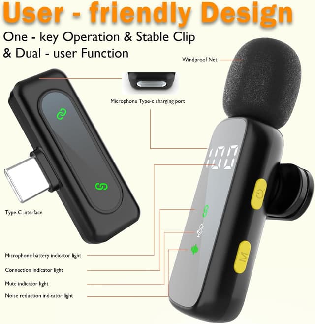 Detalle de kinmaizi kabelloses Krawattenmikrofon mit LED-Display für iPhone, Android, iPad (2,4-GHz)