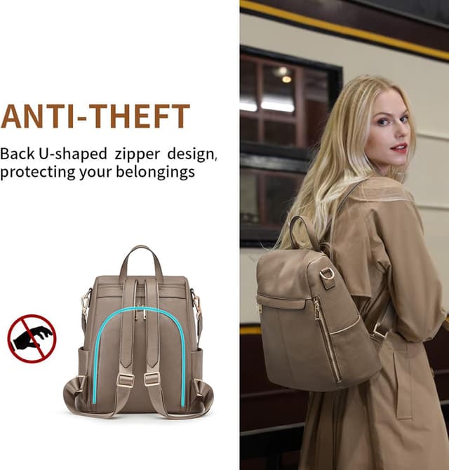 Detalle de Kattee Zaino da donna in vera pelle antifurto minimalista con tracolla per tablet fino a 11" – cachi