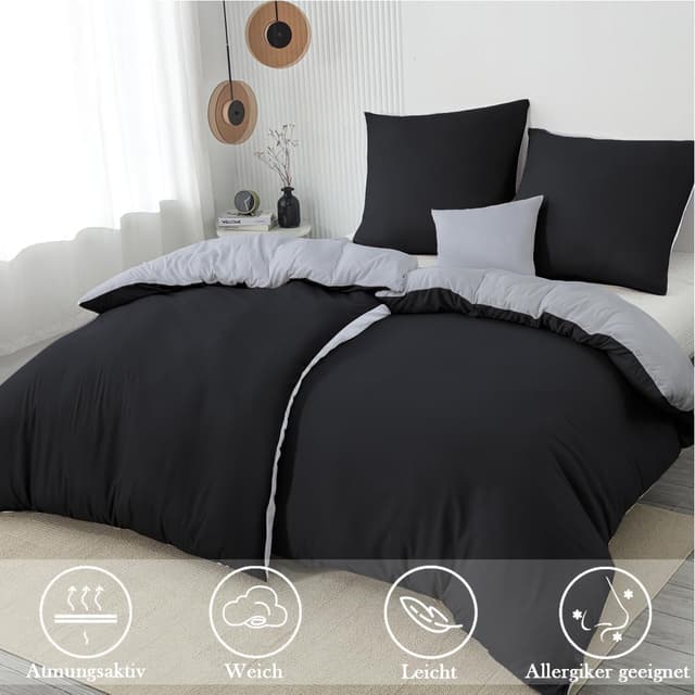 Detalle 2 de Nesture Bettwäsche 135x200 (4-teilig) Schwarz/Grau aus Microfaser, wendbar & bügelfrei