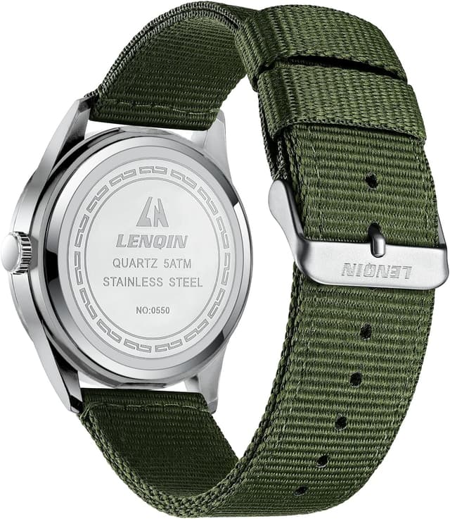 Detalle de LN LENQIN men’s military-style analog quartz watch with date, 42mm steel case & nylon strap (water-resistant 3 ATM)