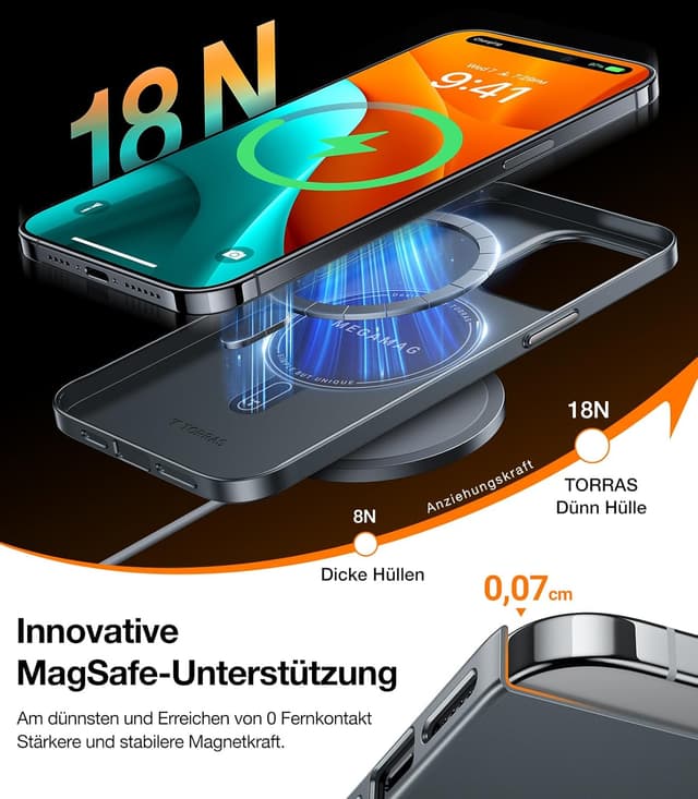 Detalle de TORRAS Ultra Dünn Hülle für iPhone 15 Pro Max mit MagSafe – velvety Touch, stoß- & kratzfest, MagSafe-Adapter