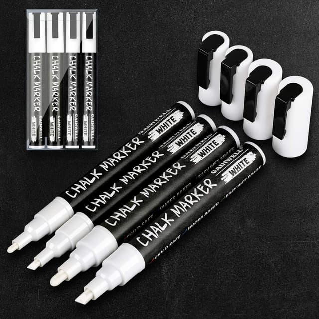 Detalle 2 de GAINWELL White Liquid Chalk Markers (3mm & 6mm nibs) – Water-Based Wet Wipe Erasable, 4 Pack
