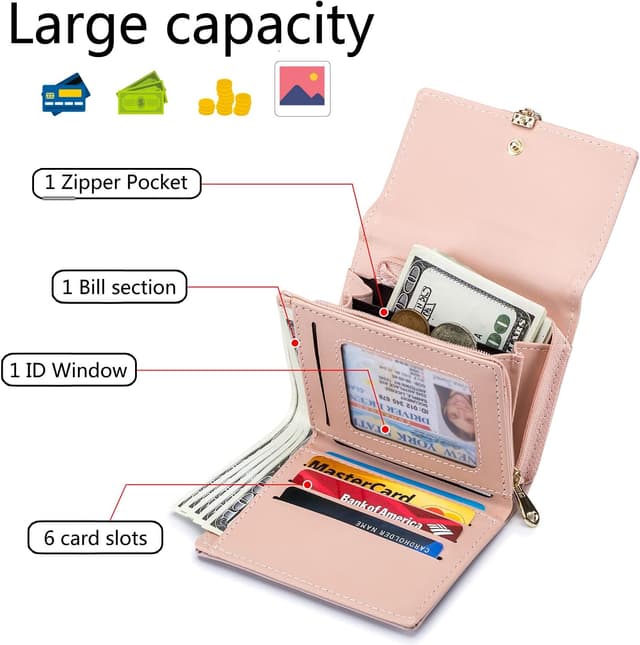 Detalle de Roulens Ladies Purse RFID Blocking PU Leather Wallet with Zipper Coin Purse & Leaf Pendant