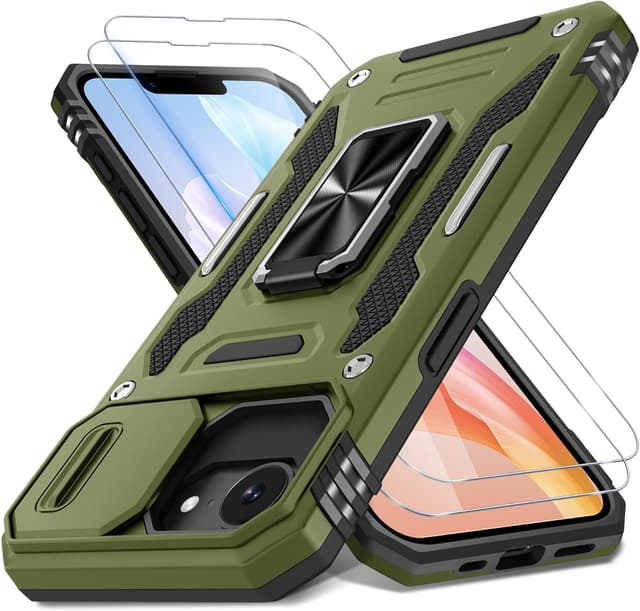 Detalle de DEERLAMN Case for iPhone 17e / iPhone 16e 6.1-inch with Slide Camera Cover, Rotated Ring Kickstand (2-Pack Screen Protectors) - Olive Green
