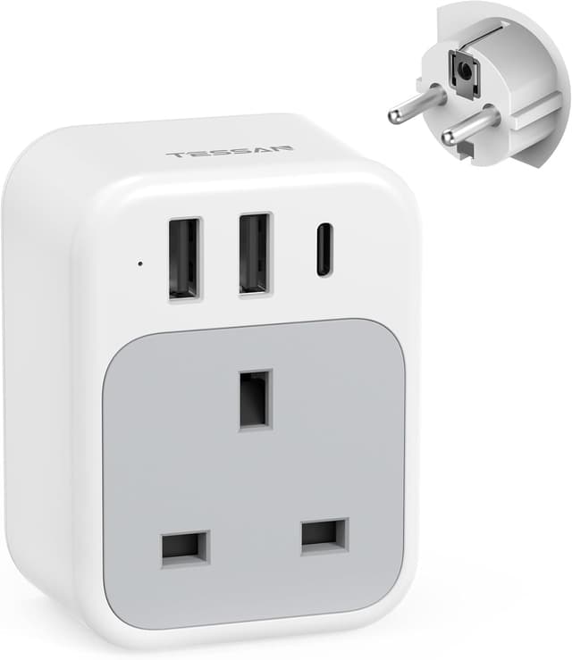Detalle de UK to Europe Plug Adapter with 3 USB (Type E/F Schuko) by TESSAN — EU Travel Adaptor for Multiple Countries