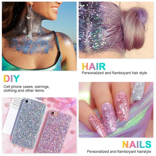 Detalle de URAQT Body Glitter Gel & Chunky Glitter Gel (weiß, silber, gold) – glitzerndes Pailletten-Bodygel für Gesicht, Haare, Lippen & Nägel