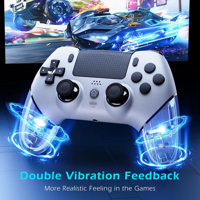 Detalle 2 de CHEREEKI manette PS4 sans fil Bluetooth avec joysticks à effet Hall, double vibration et micro-macro Turbo (blanc)