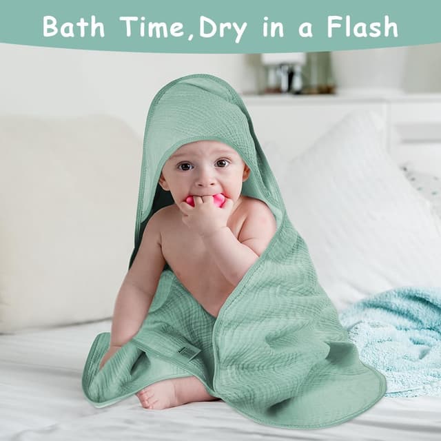 Detalle de Aolso accappatoio neonato con cappuccio 80x80 cm in crêpe, asciugamano super assorbente verde
