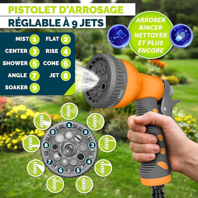 Detalle 2 de Tillvex enrouleur de tuyau mural 20+2 m avec pistolet 9 jets, pivotant à 180° (anthracite/orange)