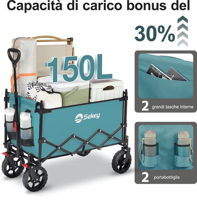 Detalle 2 de Sekey XXL Carrello Spiaggia con Tetto 150L e portata 150 kg (150 kg), pieghevole per bambini, verde