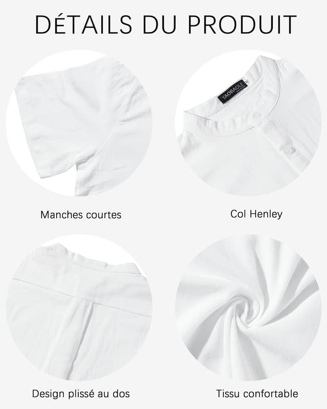 Detalle de YAOBAOLE chemise en lin homme à manches courtes col mao (style henley) pour l’été casual