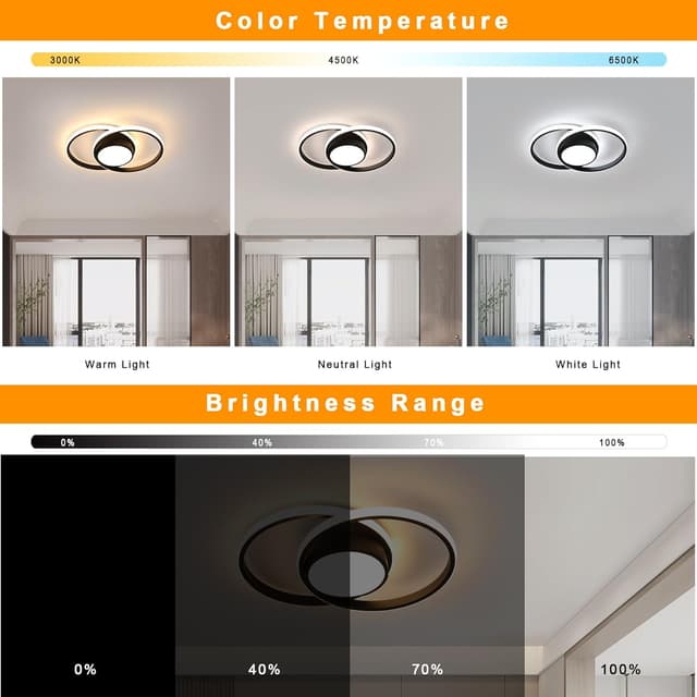 Detalle 2 de Plafonnier LED Comely dimmable noir 40 W, 4500 lm, 3000K–6500K avec télécommande (diamètre 40 cm)