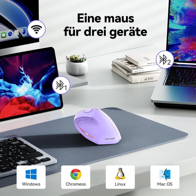 Detalle de TECKNET ergonomische vertikale Maus (kabellos, Bluetooth 5.0 + 3.0 + 2,4G, 4800 DPI, 6 Tasten)