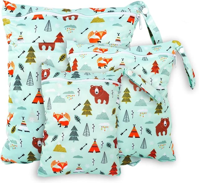 Detalle de Rinfency Wetbag Set (3-teilig) „Zoo“ – große nasse Täsche für Kindergarten, Schwimmen & Windeln