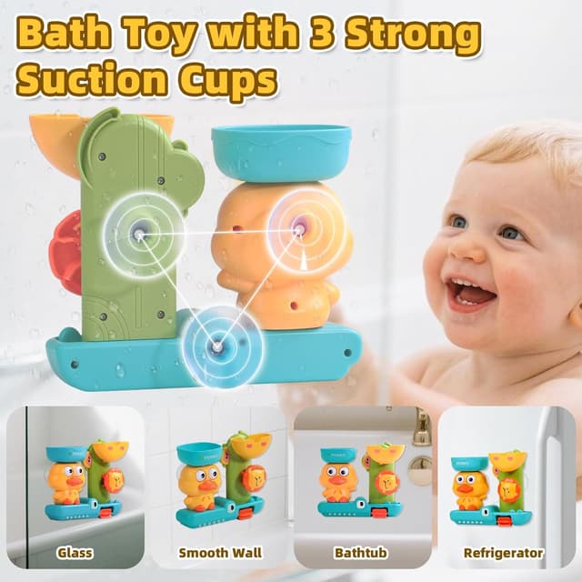 Detalle de Badewannenspielzeug für Babys ab 1 Jahr – Badespielzeug mit Ente/Löwe, Wasserrad und Saugnäpfen (3 Saugnäpfe, 3 Stapelbecher, Löffel)
