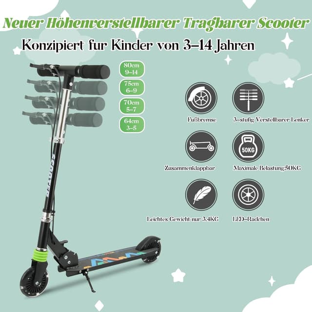 Detalle 2 de TENBOOM Roller für Kinder ab 3 Jahren mit 2 Rädern, klappbar, 3-fach höhenverstellbar und LED-Rädern