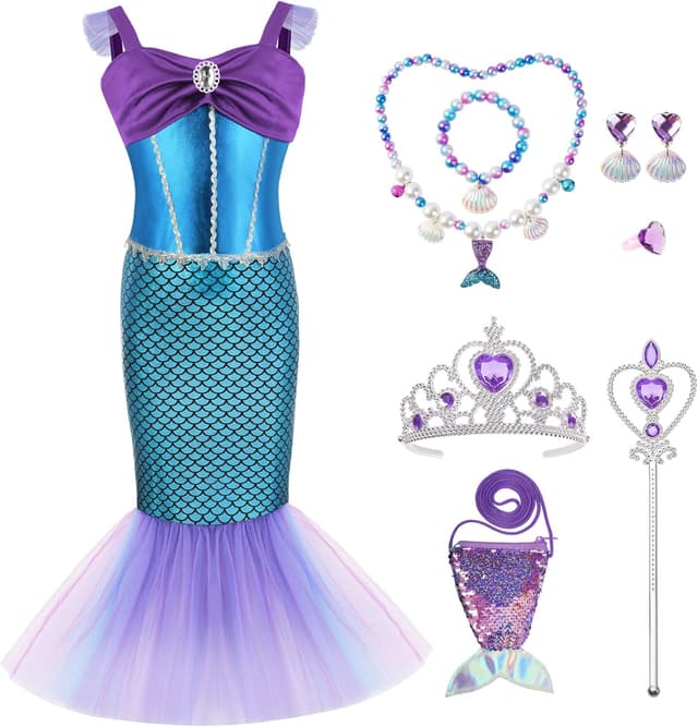 Detalle de AYBUY Vestito Sirenetta Bambina con corona, scettro e gioielli: costume da principessa sirena per Halloween, Natale e compleanno