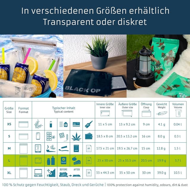 Detalle de Noaks Bags 5er-Pack wasserdichte IPX8-Beutel (L, DIN A4) – luft- und geruchsdicht für Reise & Outdoor