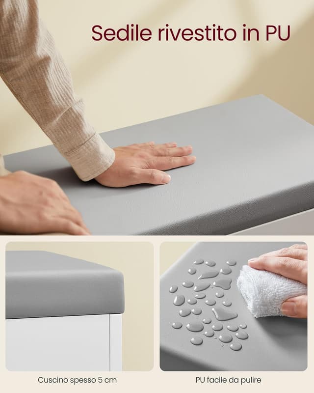 Detalle de VASAGLE LHS022WB01 panca scarpiera con sedile imbottito e 3 scomparti, 30 x 80 x 44 cm (bianco nuvola e grigio tortora)