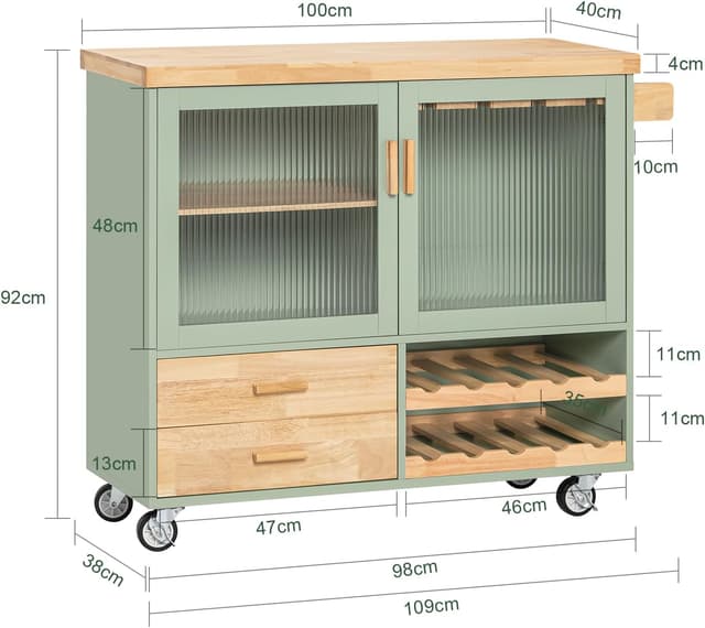 Detalle de SoBuy FKW114-GR desserte de cuisine sur roulettes avec plan de travail en bois, rangement vert et naturel