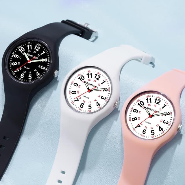 Detalle de PINDOWS Analoge Quarzarmbanduhr mit Silikonband für Damen – wasserfest, leuchtendes Zifferblatt