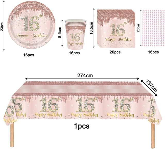 Detalle de YRsorn 16. Geburtstag Mädchen Partygeschirr „Sweet 16“ für 16 Gäste