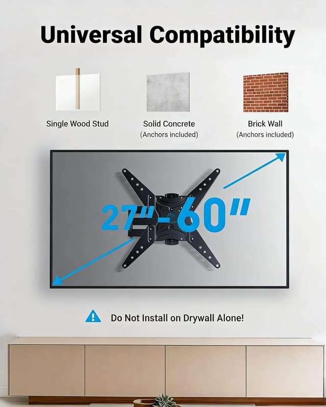 Detalle 2 de PERLESMITH Full Motion TV Wall Mount (27–60 in) for Flat & Curved TVs — Single Stud, VESA up to 400x400mm