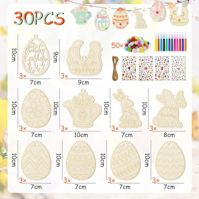 Detalle de ARTREE lot de 30 pendentifs en bois à peindre pour enfants (Pâques et printemps) avec stylos, autocollants, pompons et corde