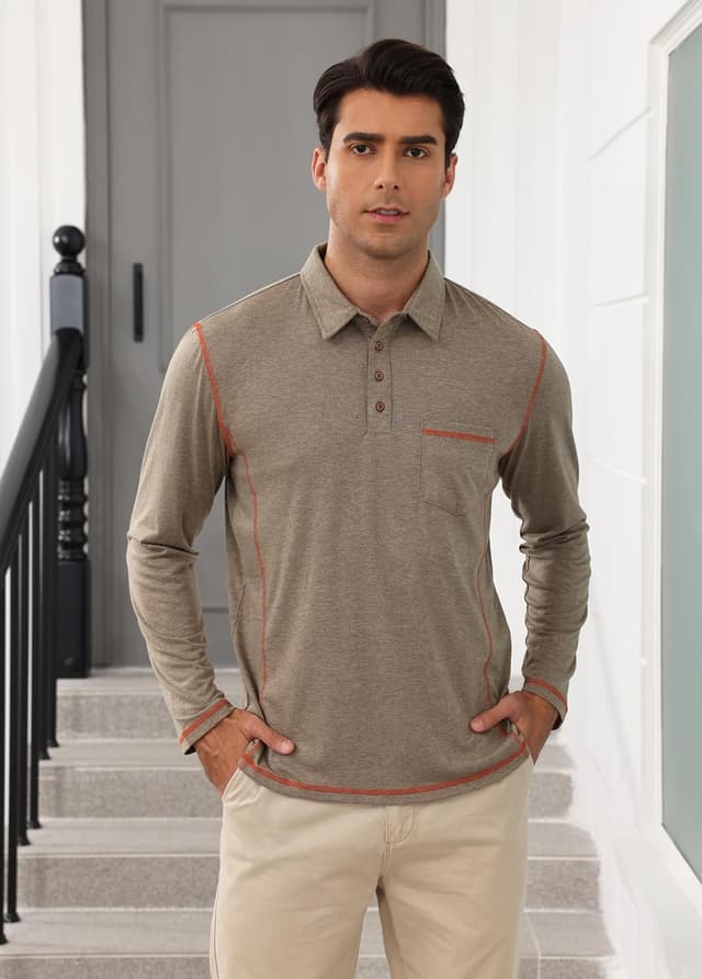 Detalle de Volemo men’s long sleeve polo shirts in cotton with pocket – casual golf tops