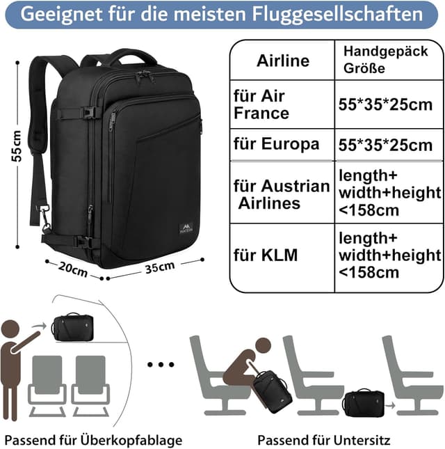 Detalle 2 de MATEIN 50L Reiserucksack Handgepäck 55x35x25cm