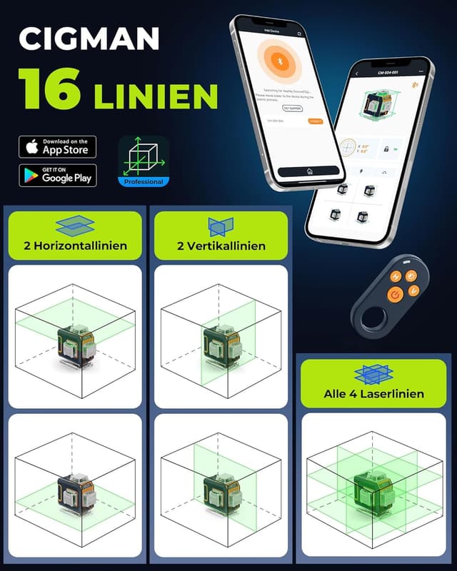 Detalle de CIGMAN Kreuzlinienlaser CM-S04 (grün) mit App-Steuerung – selbstnivellierend, 4×360° und LCD-Display