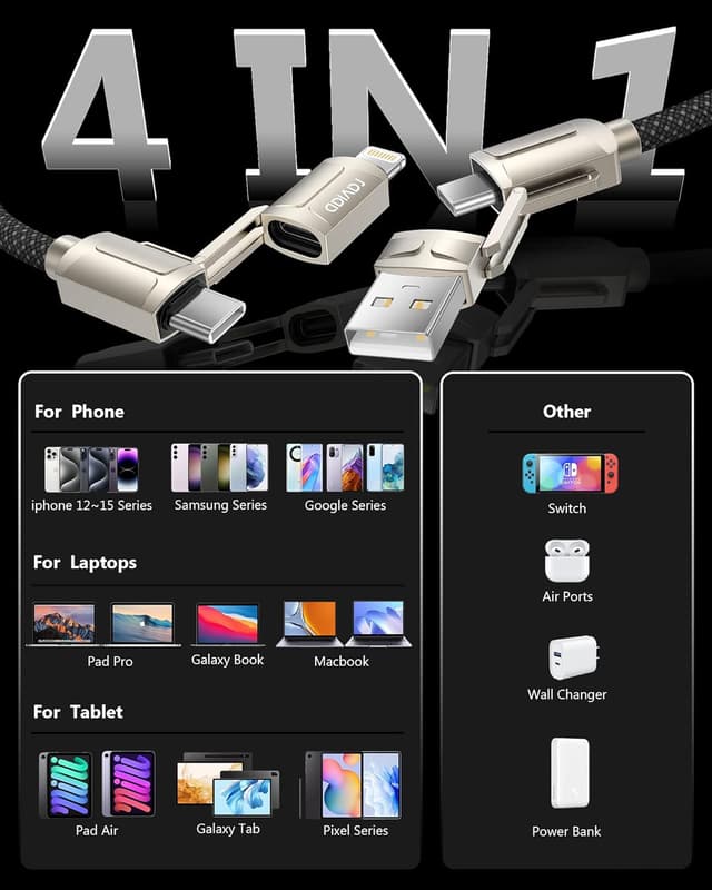 Thumbnail 6 de RAVIAD Multi Cavo di Ricarica 4 in 1 da 1 m con Power Delivery 60W e connettori Lightning/USB-C/USB-A