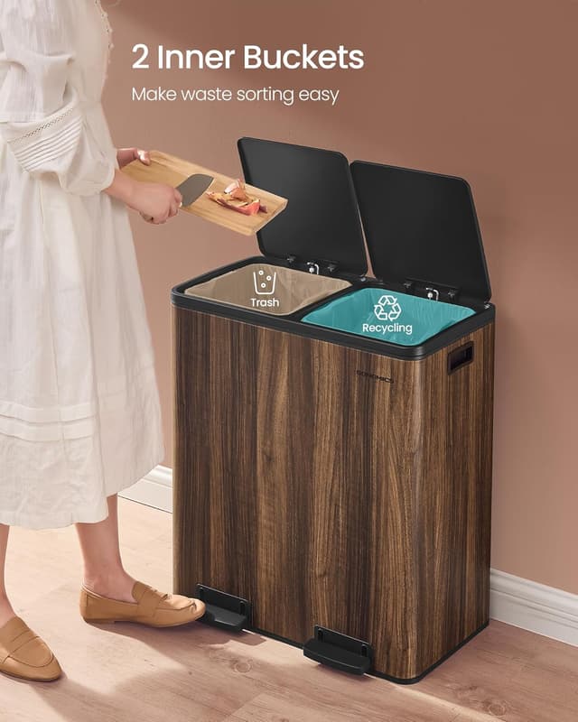 Thumbnail 6 de SONGMICS Dual Rubbish Bin (LTB060N02) – 2 x 8 Gallon metal recycling bin with pedals, lids & soft closure