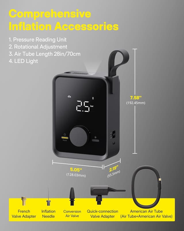 Detalle 2 de HOTO Tire Inflator Portable Electric Air Pump Pro (Digital Pressure Gauge, 120PSI) – Cordless 12V Pump