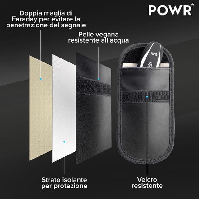 Detalle de POWR 2 Sacchetti Schermati per Chiavi Auto con blocco RFID/NFC e stile Faraday Classic Black