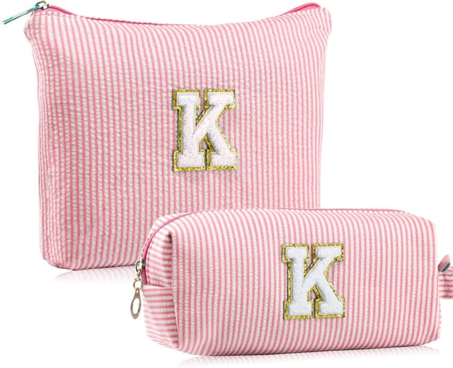 Detalle de MSQ personalised initial make up bag (Pink) – preppy cosmetic pouch for girls and women