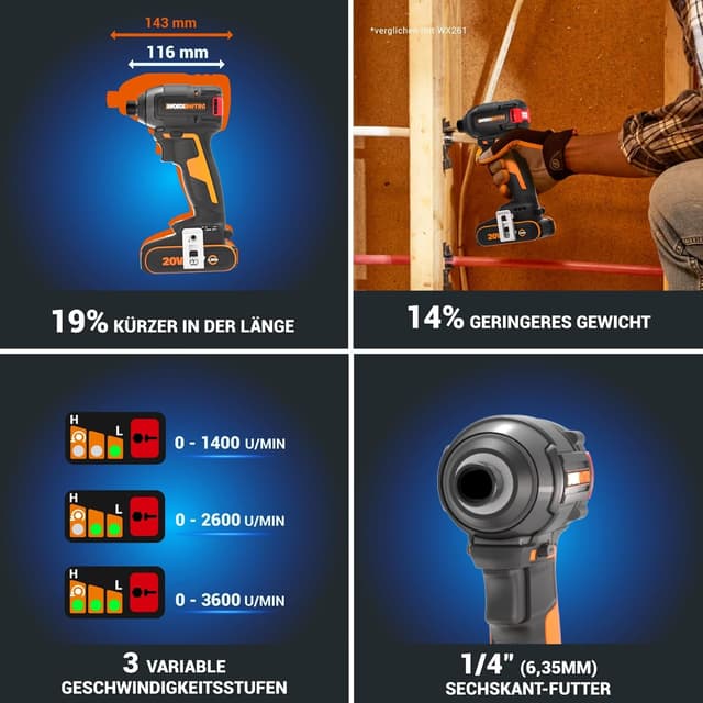 Detalle de WORX Nitro Akku-Schlagschrauber 20V WX265.9 (Brushless, 200 Nm) ohne Akku & Ladegerät