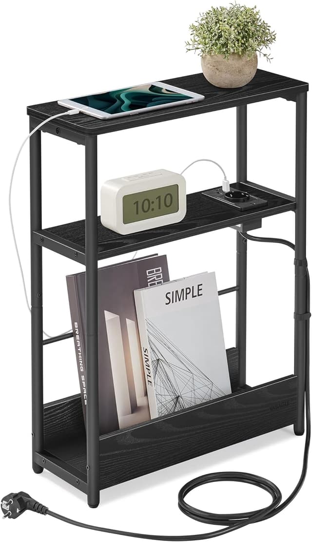 Detalle de VASAGLE LET335B02 tavolino stretto con multipresa integrata a 3 ripiani e portariviste