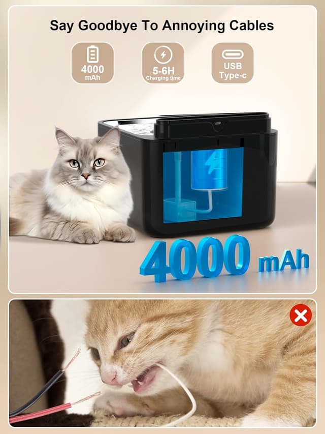 Detalle 2 de PLOOHT Fontaine à eau pour chat sans fil 3,2 L avec détecteur de mouvement et batterie rechargeable 4000 mAh (noir)