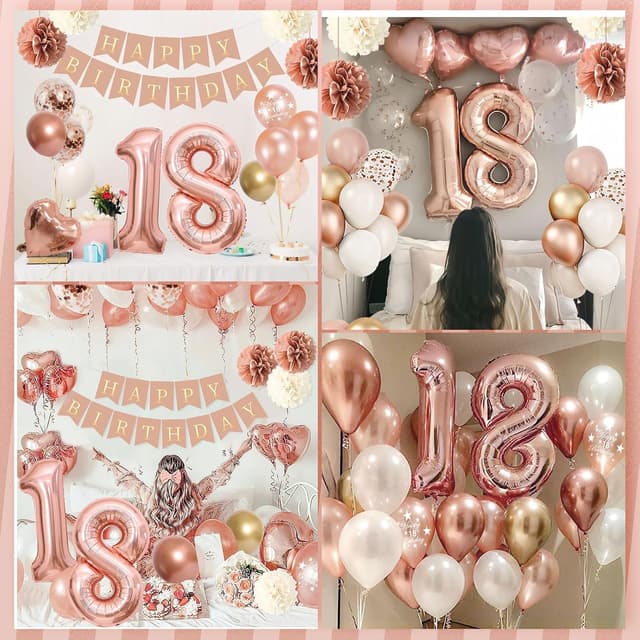 Detalle de Decoration Anniversaire 18 Ans Fille : ballon or rose, arche et bannière « Joyeux Anniversaire »