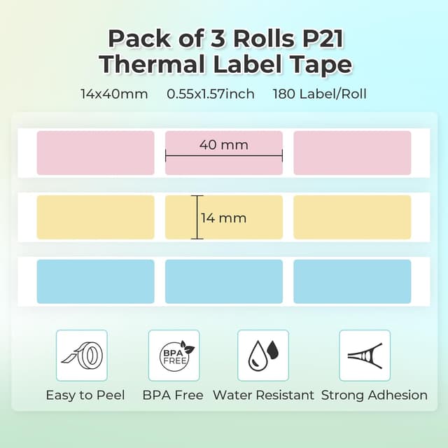 Detalle de NELKO Original P21 Etikettenband-Ersatz (14 x 40 mm) für Thermoetikettendrucker, 3 Rollen á 180 Etiketten