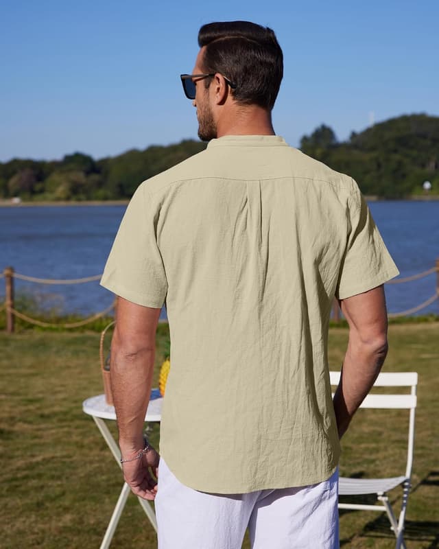 Detalle de YAOBAOLE Chemise Lin Homme à Manche Courte Henley col mao