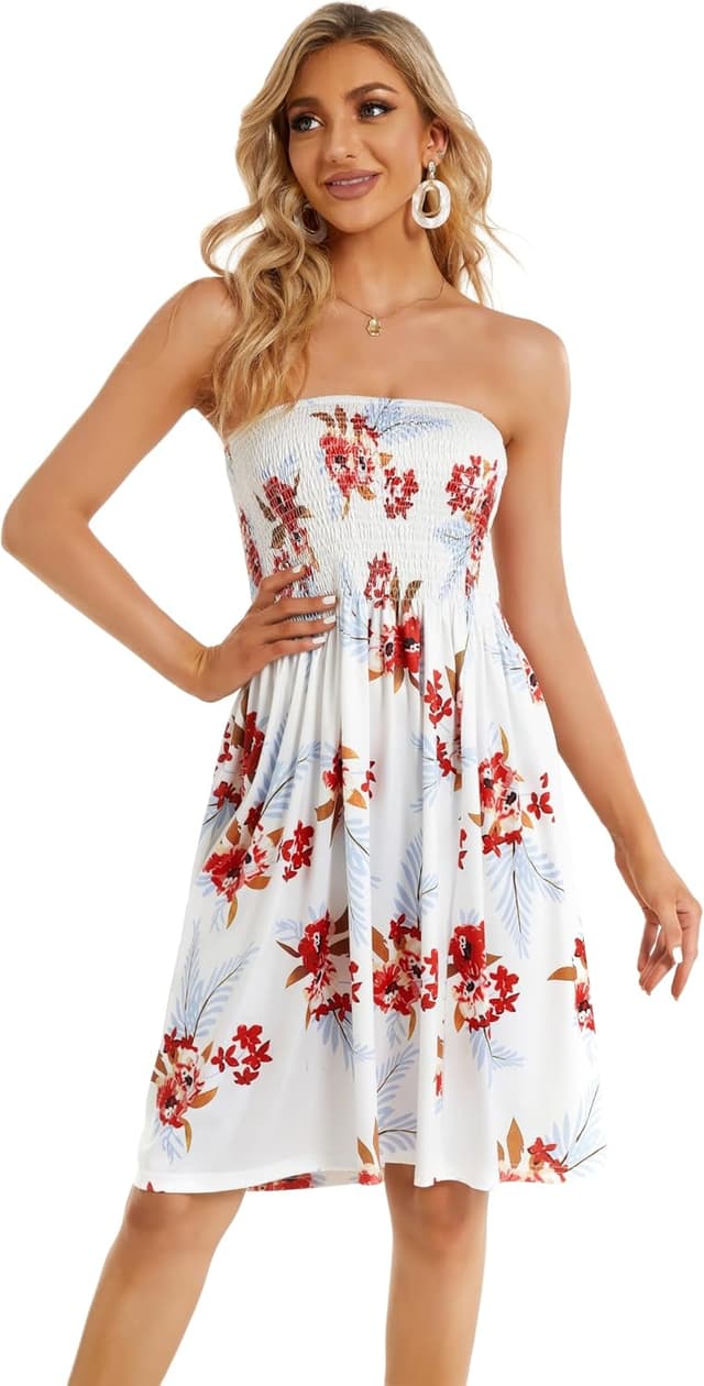 Detalle de Gosunny Damen Sommerkleid schulterfrei ärmellos (Bandeau) – Strand- & Freizeitkleid mit floralem Hawaii-Print