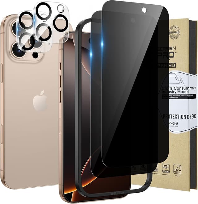 Detalle de HWeggo 2+2Pack Privacy Screen Protector with Camera Lens Protectors for iPhone 16 Pro Max