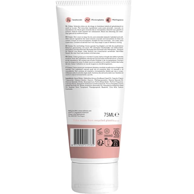 Detalle de Naïf Nährende Pflegecreme (75 ml) für Baby und Kind – vegan, ohne Mikroplastik, Mineralöle und Parabene