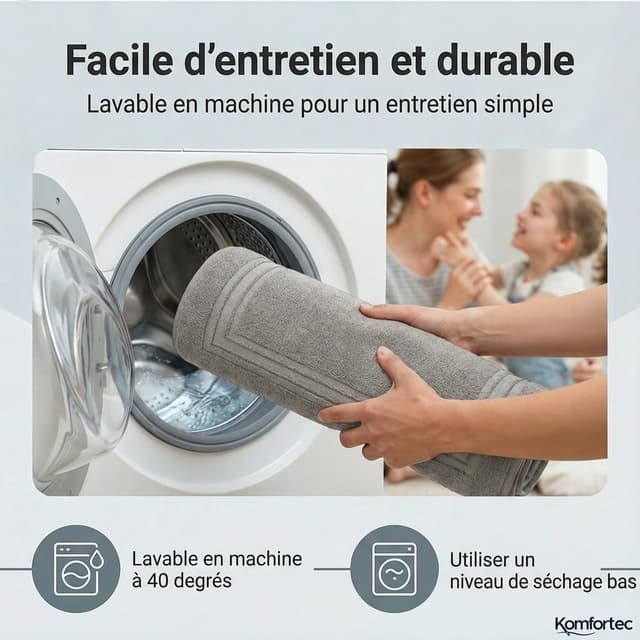 Detalle 2 de Komfortec Lot de 2 tapis de bain en coton éponge gris 50 x 70 cm