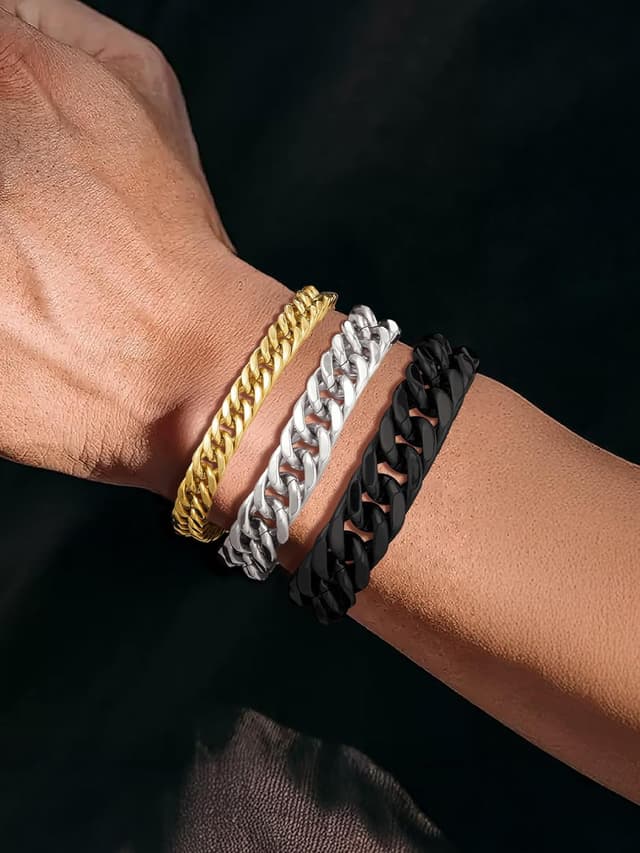 Thumbnail 6 de Richsteel Herren-Armband im Cuban-Gliederstil aus 316L-Edelstahl – Silber/Gold/Schwarz, 8/12/17 mm breit