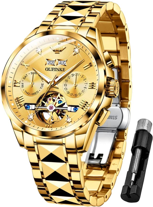 Detalle de OUPINKE Herrenautomatik-Uhr mit Mondphase, Wasserdicht (50 m) und zweifarbigem Edelstahlband