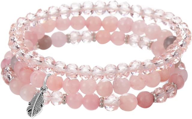 Detalle de Hernin Perlenarmband Stretch Damen – mehrreihiges Boho-Kristallarmband mit Feder-Charme (Braun)