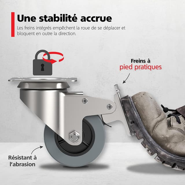 Detalle 2 de RAVN HAMAN : lot de 4 roulettes pour meubles avec frein (jusqu’à 35 kg par roue) et pivot intérieur/extérieur